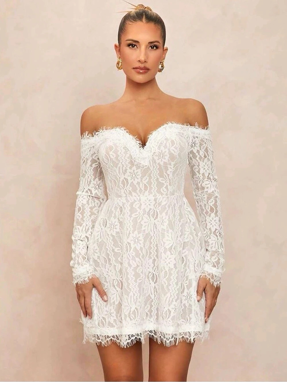 Off-Shoulder Lace Mini Dress in White Like New